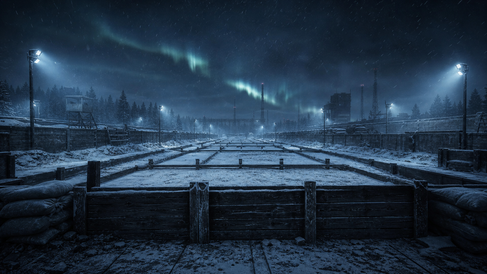 A snow-covered Namalsk military firing range beneath the aurora
